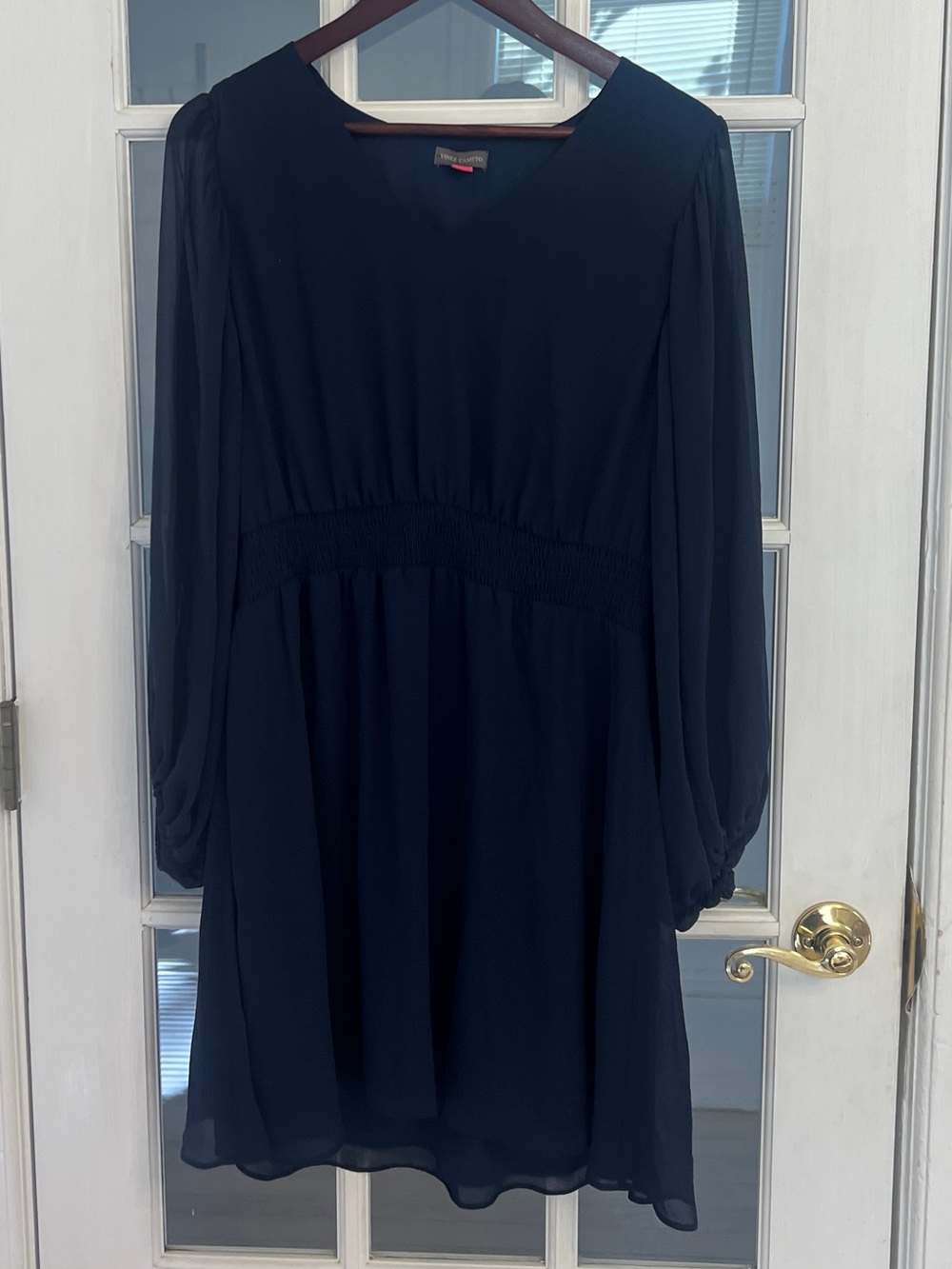VINCE CAMUTO Women’s Navy Blue Chiffon Long Sleeve Smocked Waist Dress Size L